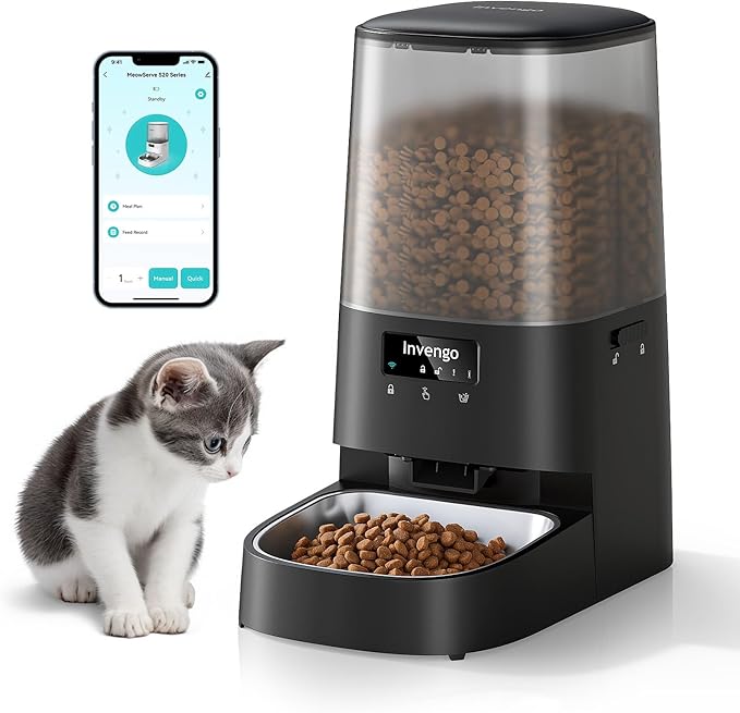 Cat Feeder Automatic - Cat Food Dispenser MeowServe S20, Auto Dog Feeder with Stainless Steel Bowl, 5L Pet Feeder with Patented Anti-Jam Port, App, Dual Lock Lid, Dual-Band WiFi & Power Supply-Mewly Pet