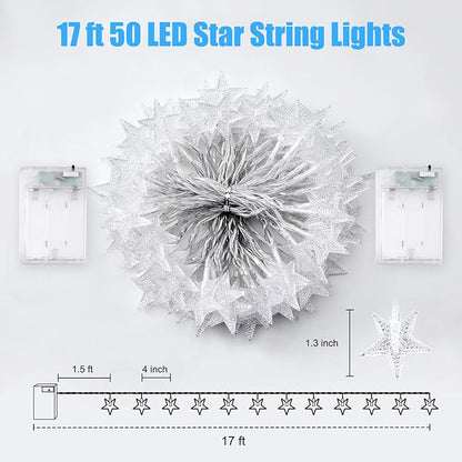 Minetom Star String Lights Battery Operated - 2 Pack 17 ft 50 LED Star Fairy String Lights with Timer, Waterproof for Indoor Bedroom Tent Loft Bed Patio Party Wedding Decor, White