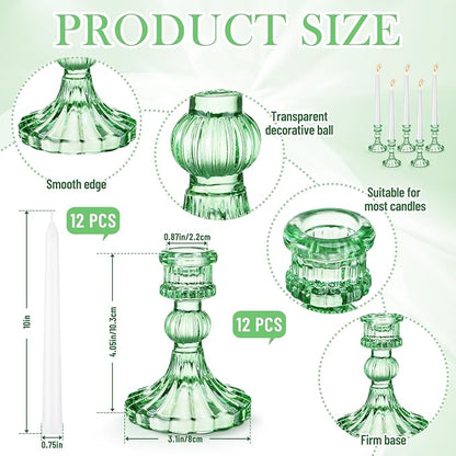 Suclain 24 Pcs Glass Taper Candle Holder Sets 12 Candlestick Holder with 12 White Long Candles for Wedding Party Decor Dinner Decoration(Green)