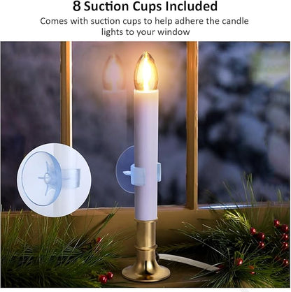 8-Pack Dusk to Dawn Electric Christmas Window Candle Lights with Shatterproof Plastic LED Bulbs, Plug-in Corded Window Candle Lamps, Auto On/Off Light Sensor, 8 Suction Cups Included, Warm White