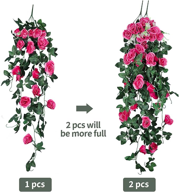RECUTMS 4 Pack Artificial Plants Fake Hanging Flowers Faux Ivy Vines with LED Fairy Lights Plastic Outdoor UV Resistant for Home Window Garden Office Patio (Rose red)