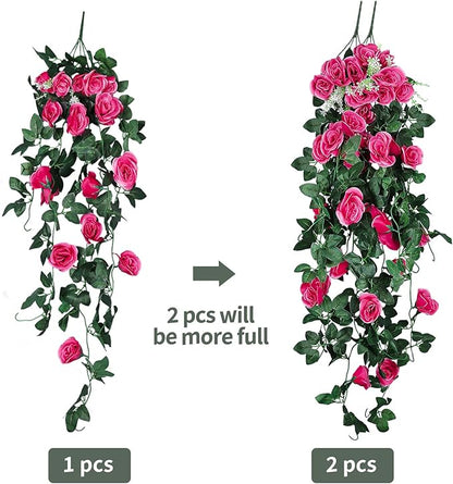 RECUTMS 4 Pack Artificial Plants Fake Hanging Flowers Faux Ivy Vines with LED Fairy Lights Plastic Outdoor UV Resistant for Home Window Garden Office Patio (Rose red)
