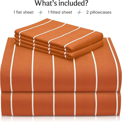 LuxClub 4 PC Sheet Set Bed Sheets Deep Pockets 16" Wrinkle Free Cooling Machine Washable Hotel Bedding Silky Soft - Striped-Autumn Orange Full