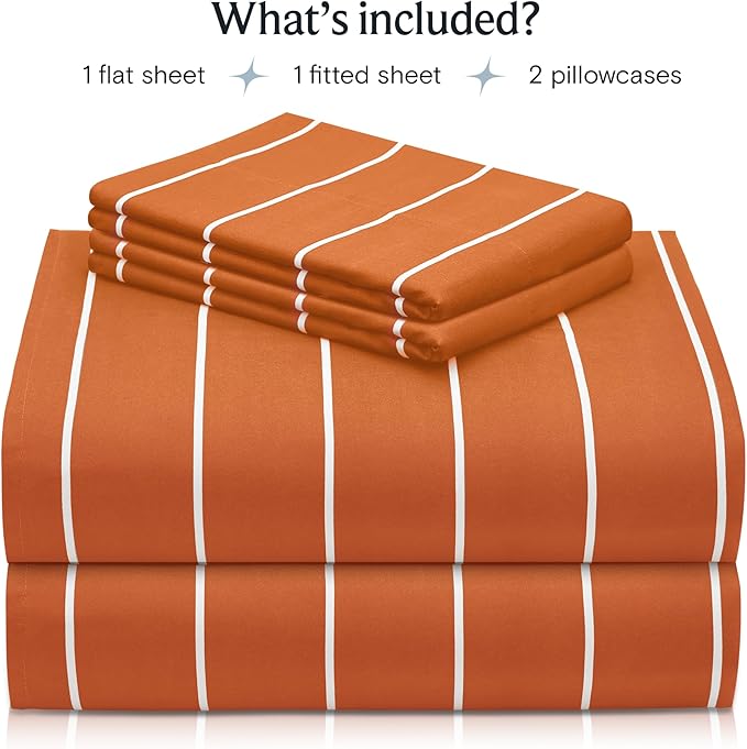 LuxClub 4 PC Sheet Set Bed Sheets Deep Pockets 16" Wrinkle Free Cooling Machine Washable Hotel Bedding Silky Soft - Striped-Autumn Orange Queen
