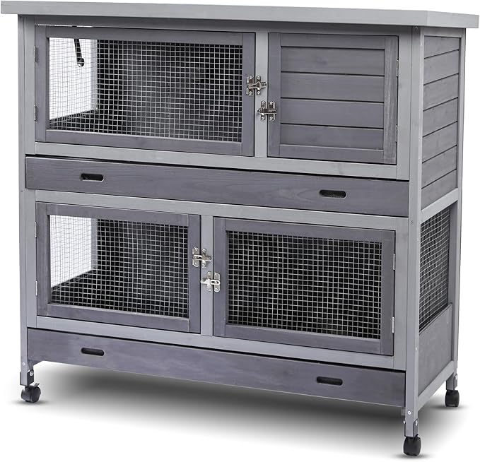 Rabbit Hutch Bunny Cage Indoor Outdoor with Wheel Deeper Tray Chew Proof Guinea Pig Cages 2 Decks Large Rabbit House with 4 Wooden Doors Weatherproof 41.3" L*17.3" W*41.3" H-Mewly Pet