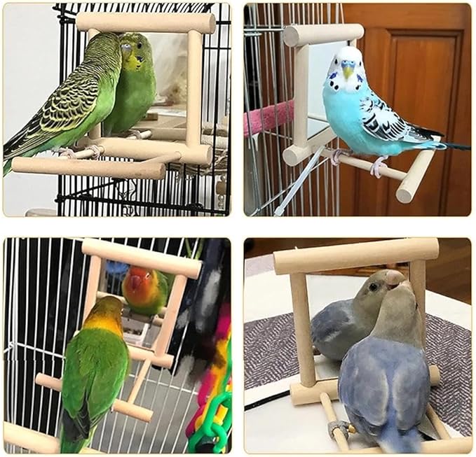 Bird Mirror with Swing and Perch for Parakeets Cockatiels Lovebirds Finches - Wooden Interactive Hanging Cage Toy, 3.7 x 3.5 x 3.5 Inch, 1 Pack-Mewly Pet