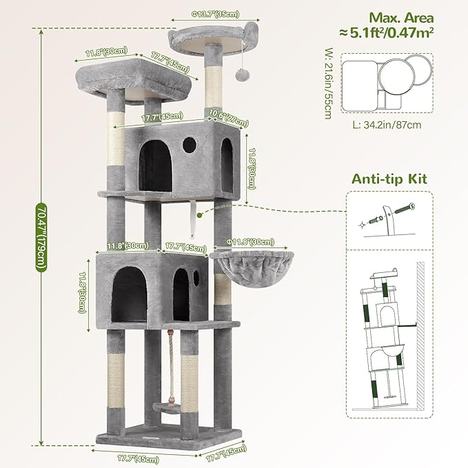 Globlazer Cat Tree, 70 inch Tall Scratching Tower Multi-Level Cat Condo for Indoor Multiple Cats with 2 Large Cat Caves, Top Perch, Large Platform, Bottom Swing, F70B, Light Grey-Mewly Pet