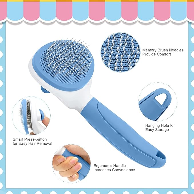 Cat Brush for Shedding and Grooming, Pet Self Cleaning Slicker Brush with Cat Hair Comb by KALAMANDA (Blue)-Mewly Pet