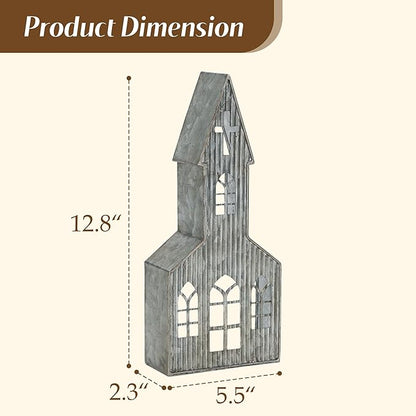 Church Shaped Tea Light Candle Holder Farmhouse Galvanized Metal Candle Holder Vintage Decorative Tealight Holder for Table Centerpiece Decoration - 5.51" x 2.36" x 12.8"