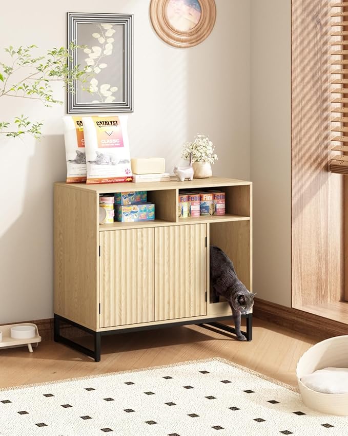 Cat Litter Box Enclosure, Large Hidden Pet Storage Cabinet Furniture with Waveform Fluted Doors & Scratching Pad, Modern Wooden Cat House Indoor for Washroom, Living Room, Bedroom, Natural-Mewly Pet