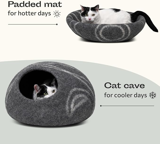 MEOWFIA Cat Cave – Premium Felt Cat Bed for Indoor Cats, Handmade 100% Merino Wool (Large, Dark Grey)-Mewly Pet