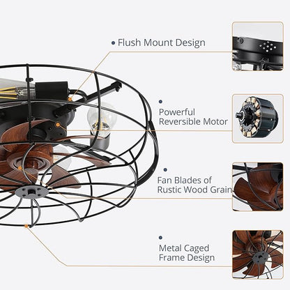 LEDIARY 20" Caged Ceiling Fans with Lights and Remote, Flush Mount Bladeless Ceiling Fan Low Profile, Small Farmhouse Industrial Enclosed Ceiling Fan with Light for Bedroom, Kitchen, Indoor