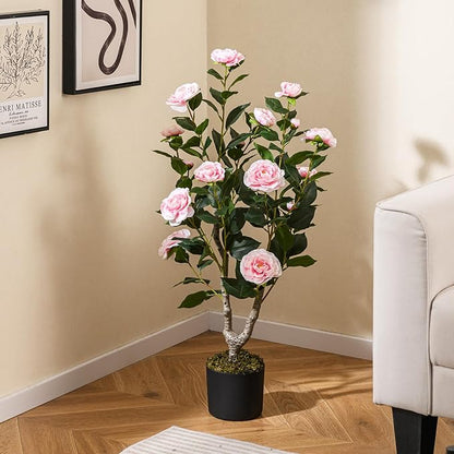 GOFLAME 3FT Artificial Camellia Tree, Faux Camellia Plant with Pink Flowers, Solid Wood Trunk, Realistic Moss, Greenery Potted Decoration Tree for Indoor Outdoor Home Porch Front Door