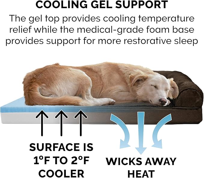 Furhaven Cooling Gel Dog Bed for Large Dogs w/ Removable Bolsters & Washable Cover, For Dogs Up to 125 lbs - Plush & Suede Sofa - Espresso, Jumbo Plus/XXL-Mewly Pet