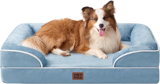 EHEYCIGA Orthopedic Dog Beds for Large Dogs, Waterproof Memory Foam Large Dog Bed with Sides, Non-Slip Bottom and Egg-Crate Foam Pet Couch Bed with Washable Removable Cover, Washed Blue-Mewly Pet