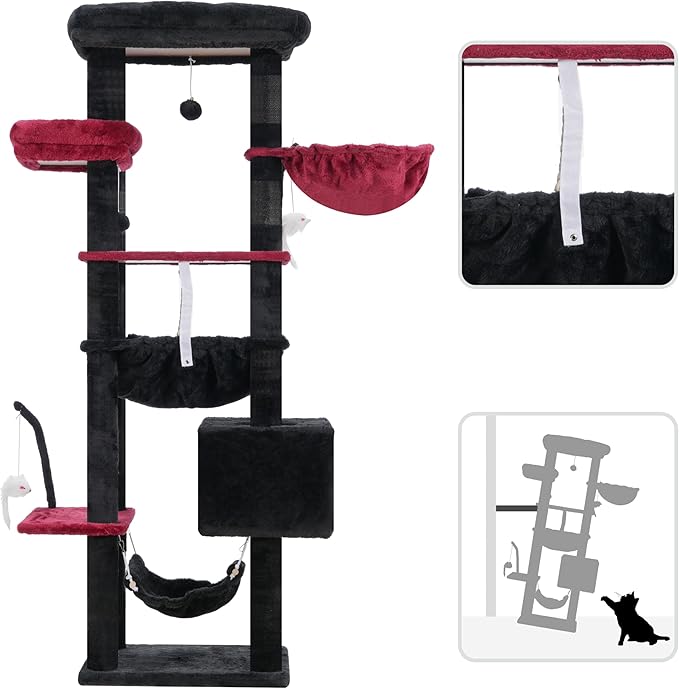 Gothic Cat Tree, Cat Tower for Large Cats with 2 Big Platforms, 2 Baskets, condo and Toys, 63" Cat Scratching Posts for Indoor Cats, Black and red GCT020BR-Mewly Pet