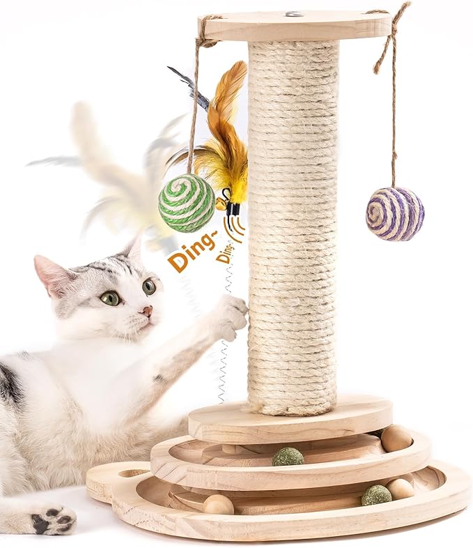 MEWOOFUN Cat Toy 2-Layer Turntable Cat Ball Toy with Feather,Kitten Toys Interactive Cat Toy with Eight Interactive Balls and Two Sisal Dangling Balls (Large)-Mewly Pet