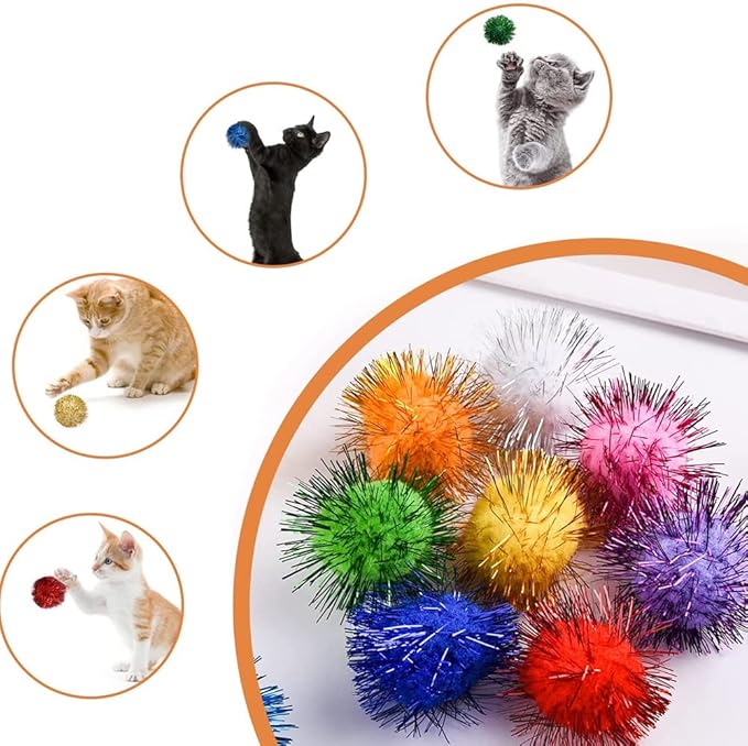 30Pcs 1.2inch/3cm Sparkle Balls for Cats - Interactive Toy Pom Pom Fuzzy Tinsel Cat Balls for Indoor Play (Mixed Colour)-Mewly Pet