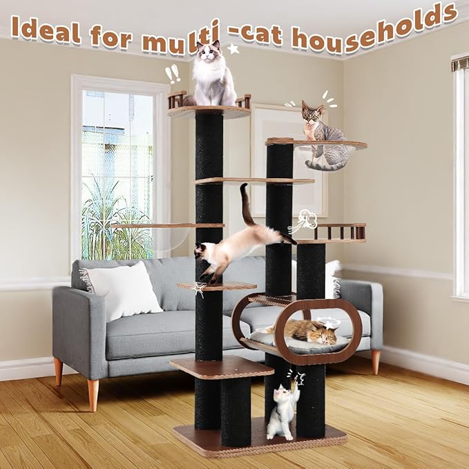 70.9'' Black Cat Tree for Indoor Cats Large Adult, Heavy Duty Cat Tower with Scratching Post, Modern Kitty Tree with Removable Mats, Semi-closed Condo and Transparent Bowl, Wooden Luxury Cat Furniture-Mewly Pet
