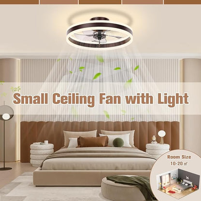 VOLISUN Fandelier Ceiling Fans with Lights and Remote, 15.7in Low Profile Ceiling Fan Flush Mount, 3000K-6500K Dimmable Bladeless LED Fan Light, Brown Modern Ceiling Fans with Lights for Bedroom
