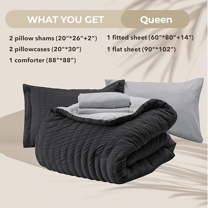 HYMOKEGE Black/Light Grey Queen Comforter Set Seersucker 7 Pieces, All Season Luxury Bed in a Bag Queen for Bedroom, Bedding Set with Comforter, Sheets, Pillowcases & Shams