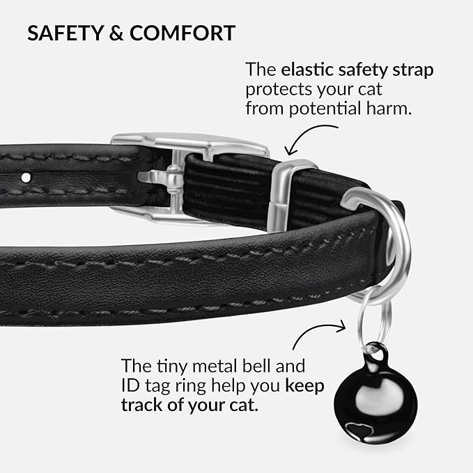 CollarDirect Leather Cat Collar with Bell - Kitten Small and Big Cat Collar for Boy Cats, Girl Cats with Safety Elastic Strap (Neck Fit 6"-7", Black)-Mewly Pet