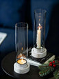 NUPTIO Dripless Candlestick Holders with Wax Catchers: Set of 2 Hurricane Glass Candle Holders with Metal Bobeches for Easier Reuse - White Wood Farmhouse Home Decor for Christmas Fireplace