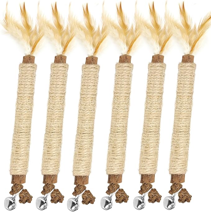 Tocirelo Kitten Chew Toys Teething - 6Pack Natural Silvervine Sticks for Cats, Matatabi Cat Feather Toy Chew Sticks, Cat Teeth Cleaning Treats for Indoor Bored Kitten-Mewly Pet