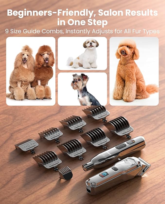 oneisall Dog Clippers for Grooming Thick/Heavy Coats, 4-in-1 Dog Grooming Kit Low Noise with Stainless Steel Blade, Cordless Dogs Paw Trimmer Pet Nail Grinder for Small & Large Dogs Cats Animals-Mewly Pet