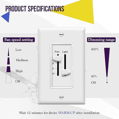 ENERLITES 3 Speed Ceiling Fan Control and Dimmer Light Switch, 2.5A Single Pole Light Fan Switch, 300W Incandescent Load, No Neutral Wire Required, 17001-F3-W, 120 Volts (AC), White, 2 Pack