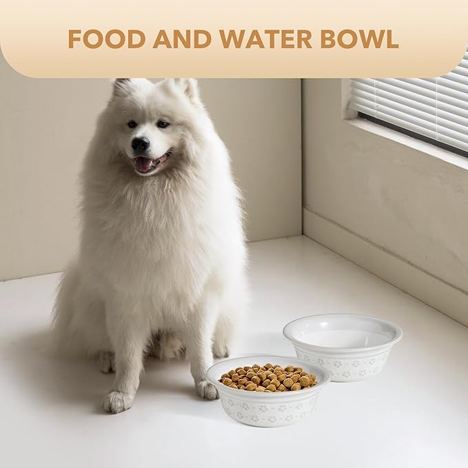 Ceramic 8.7inch Dog Bowl for Large Dog, Basic Food and Water Bowl for Replacement, Wide Opening Rounded Edge(Single Bowls, Reactived Glaze -White)-Mewly Pet