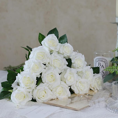 FOTEEWL 60 Pcs Artificial Rose Flower Realistic Faux Silk Roses Stem Fake Roses Bouquet for Flower Arrangement,Wedding Centerpieces,Party,Home Decorations (White)