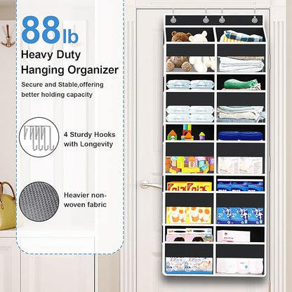 Over The Door Organizer Multi Pocket,5 Tier Large Hanging Shelf for Storage Kids Toys, Diapers, Clothes,Yarn,Heavy Duty Behind Door Storage for Bedroom Bathoom Nursery Closet Pantry,Black