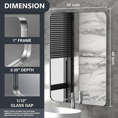 PAIHOME 30x40-Inch Brushed Nickel Bathroom-Vanity-Mirror for Wall - 304 Stainless Steel Silver Frame Bathroom Mirrors, Rectangle Farmhouse Mirror, Vertical Or Horizontal Hanging Modern Mirror