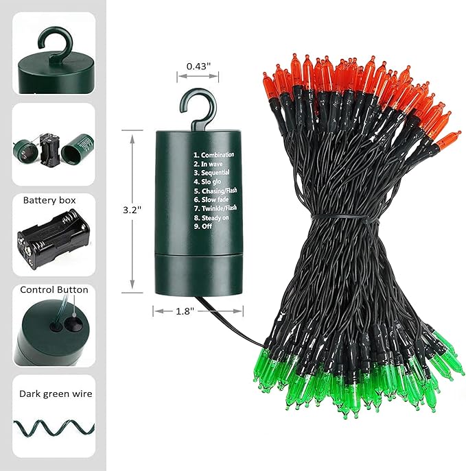 LYHOPE Battery Christmas Lights, 33ft 100 LED Christmas Lights Waterproof 8 Modes Battery Operated String Light for Outdoor & Indoor, Xmas Tree, Wreaths, Holiday Decoration (Red & Green)