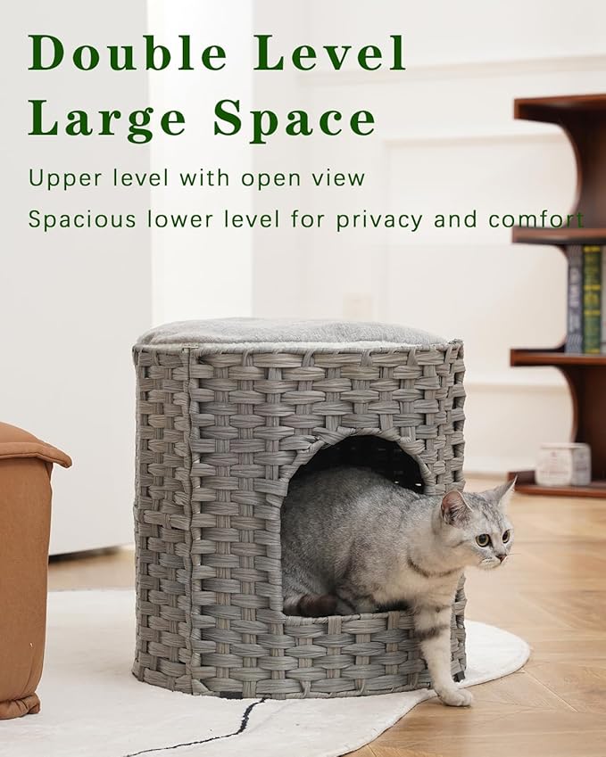 Cat House for Indoor Cat, Large Double Cat Houses Cat Bed Cave, Handwoven Rattan Pet Beds with One Soft Pad, 17 x 17 x 17 Inches Foldable Kitten Hideaway in Living Room Gray-Mewly Pet