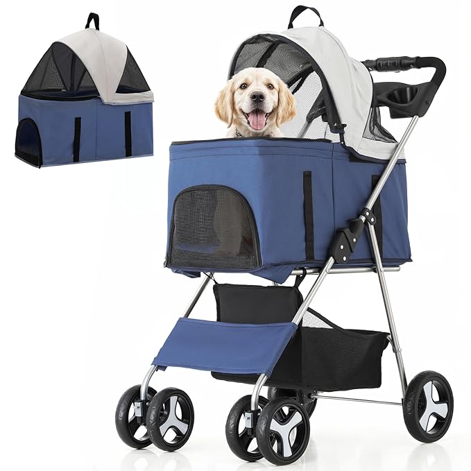 MoNiBloom 3 in 1 Foldable Pet Stroller for Small & Medium Dogs, Detachable Carrier, Car Seat, Push Button Entry, 4-Wheel Jogger for Pets up to 33 lbs, Navy Blue-Mewly Pet