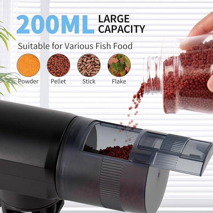 Automatic Fish Feeder Dispenser for Aquarium: Rechargeable Auto Feeders for Tank Turtle Pond Betta - 200ml Smart Food Feeding Timer Dispensers for Flake Pellet Vacation Weekend-Mewly Pet