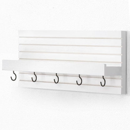 Decorative Key Holder for Wall with Shelf, Entryway Shelf with Hooks Holds Leashes, Jackets and Glasses – Sturdy Wood Keyholder Entrance Hanger with Mounting Hardware (White, Medium)
