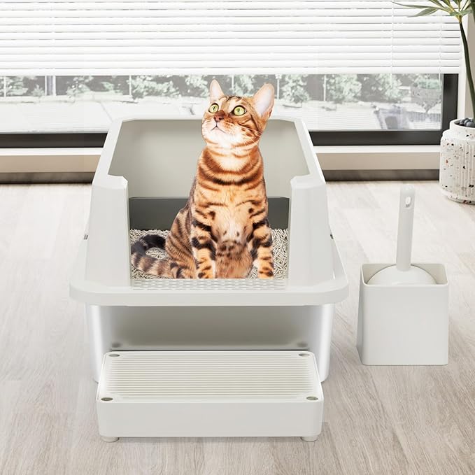 RIZZARI Stainless Steel Cat Litter Box, Semi-Closed Litter Box with High Edges, Large Odorless Litter Pan with for Small to Large Cats (Beige, 1 Pack)-Mewly Pet