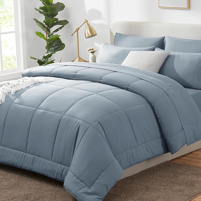 CozyLux Full Size Comforter Sets Grayish Blue, 7 Pieces Bed in a Bag, Blue Comforter Full Size, All Season Bedding Sets with Stitch Quilted Comforter, Flat Sheet, Fitted Sheet, Pillowcases