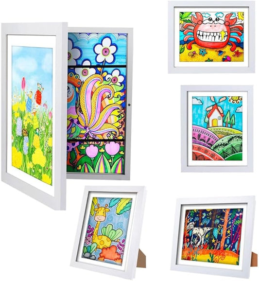 Kids Art Frames - Changeable Front Opening Holds 150, 10x12.5 Picture Frame for Displaying Kids' Artwork, Drawing, With Storage (White)