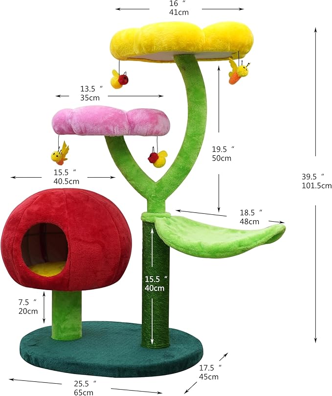 Catry 5-Level 40" Colorful Garden Style Cat Tree with Flower Perches, Leaf Hammock, Fruit Condo, Natural Sisal Scratching Post, Bee Toys, Parts Replaceable-Mewly Pet