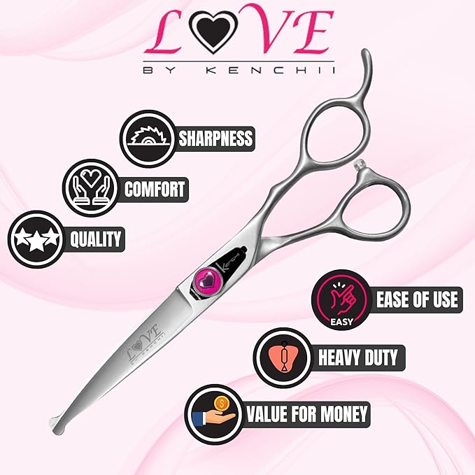 Kenchii Love Dog Grooming Scissors, 6.5 Inch Straight Balltip Shears, Dog Scissors for Grooming, Professional Pet Grooming Scissors, Safety Round Tip Shears-Mewly Pet