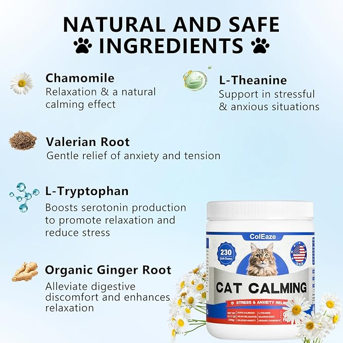 Calming Chews for Cats, Cat Calming Treats - Cat Anxiety Relief, Helps Reduce Stress & Promotes Relaxation for Travel, Boarding, Vet Visits, Separation Anxiety - Chicken (230 Soft Chews)-Mewly Pet