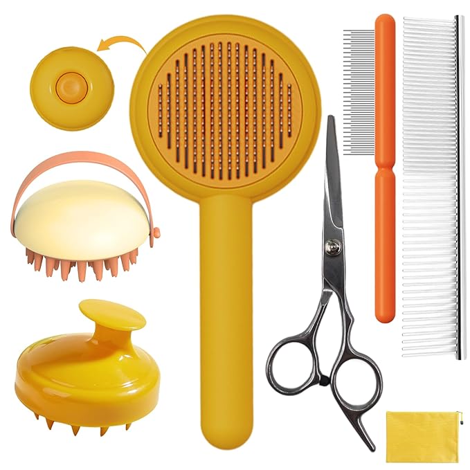 Dog Grooming Brush Set, 7 PCS Self-Cleaning Deshedding Hair Brushes for Short Long Haired Dogs Cats, Includes Scrubber Shower Wash Brush, Dematting Comb, Scissor - Yellow-Mewly Pet