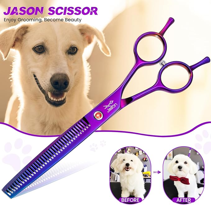 JASON Grooming Scissors for Dogs - Sharp Thinning Dog Shear with Muffler Pad, Stainless Steel Dog Grooming Shears Professional Texture Scissors for Pets-Mewly Pet