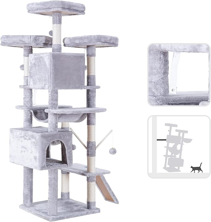 Hey-brother Cat Tree, 71 inches XL Large Cat Tower for Indoor Cats, Multi-Level Cat House with 3 Padded Perches, Big Scratcher, Cozy Basket, 2 Cat Condos and Scratching Posts, Light Gray MPJ034W-Mewly Pet