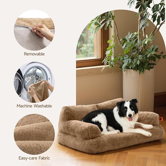 MEWOOFUN Cat Bed for Indoor Cats, Washable Dog Beds for Small Medium Dogs & Cats, Fluffy Cat Couch with Non-Slip Bottom, 26×19×13 Inch (Camel, 33.5" L x 25.6" W x 11.5" Th)-Mewly Pet
