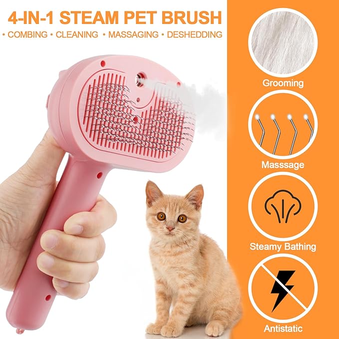 Cat Steam Brush for Shedding, 4 in 1 Steamy Cat Brush with Release Button, Self Cleaning Metal Pet Misting Hair Comb with Handle for Grooming Kitten Dog(Pink)-Mewly Pet